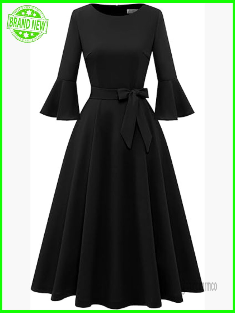 Midi Dress Bell Sleeve A-Line Formal Wedding Guest Church Cocktail